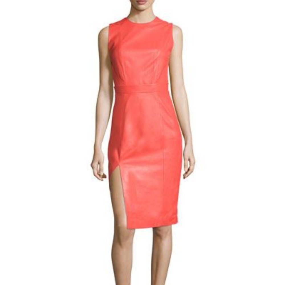 MUGLER Crew Neck Midi Length Leather Dress Size: L | US10, FR42
